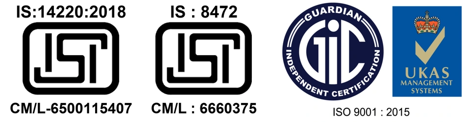 ISI marks IS:14220:2018 CM/L-6500115407 and IS 8472 CM/L 6660375; Guardian Independent Certification and UKAS, ISO 9001:2015